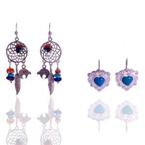 2 pr Nat. Am. Sterling Turquoise Dangle Earrings Signed (M) Dreamcatchers w Bear